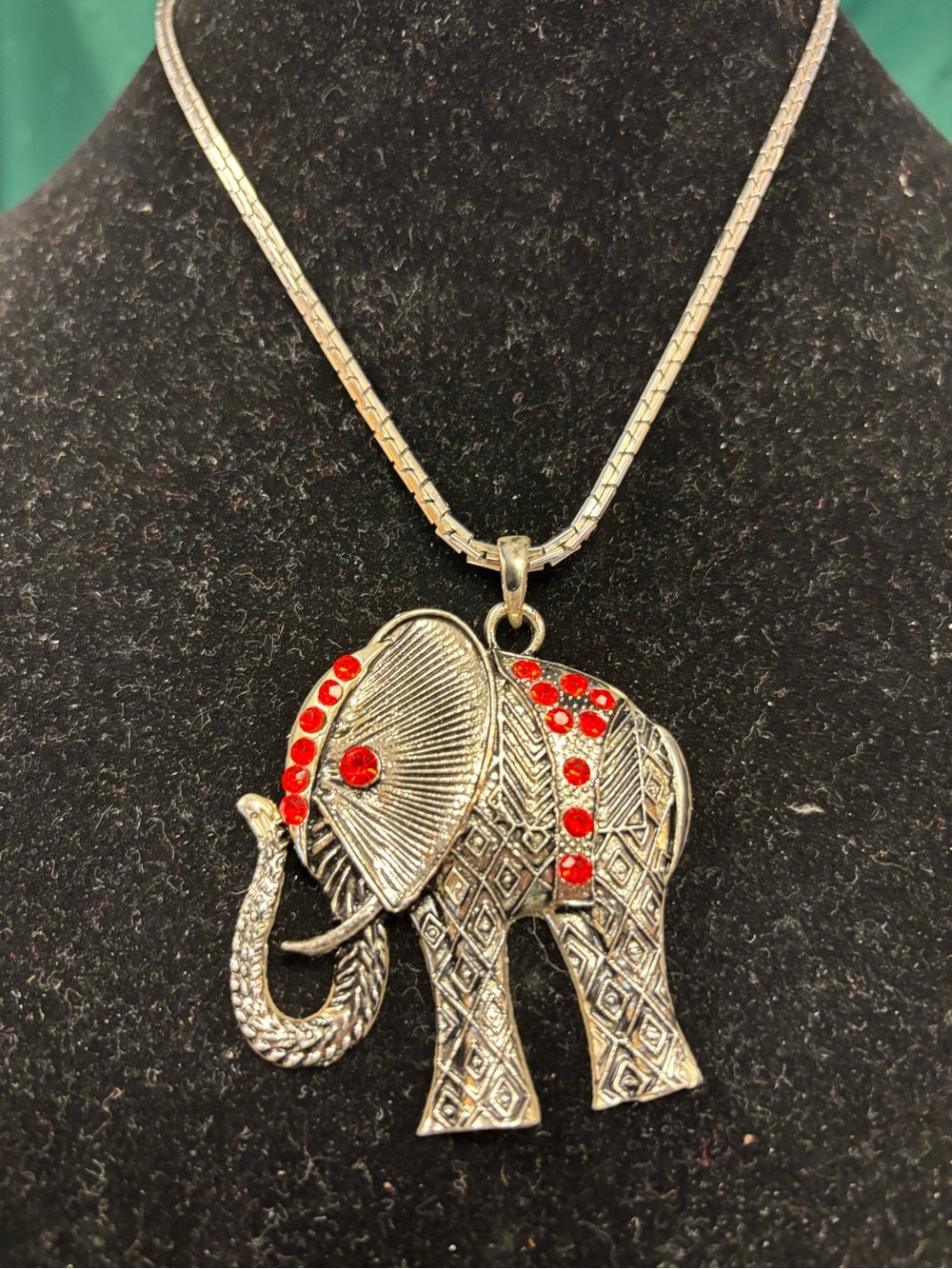 Silver Elephant Pendant Necklace with Red Accents - Women Jewelry